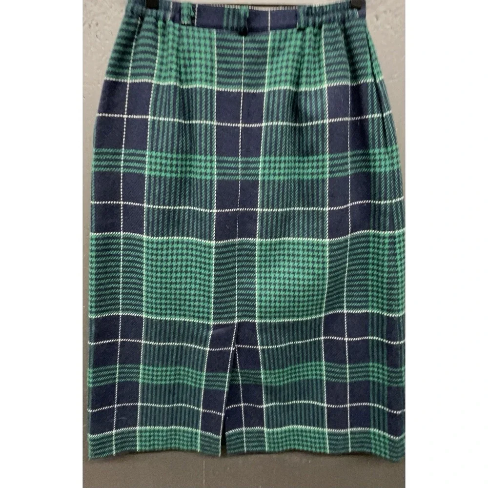 Vintage Wool Skirt 8 Blue Green Tartan Plaid Pleated Midi‎ Pocket Preppy Classic